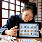 **

A student surrounded by flashcards (both physical and digital on a tablet showing the Anki app). The background includes elements of Chinese culture: a calligraphy scroll, a steaming bowl of dumplings, and a glimpse of the Great Wall through a window. The student has a focused but happy expression, and is using chopsticks to eat. Focus on the colorful flashcards and the blend of traditional and modern study methods.

**