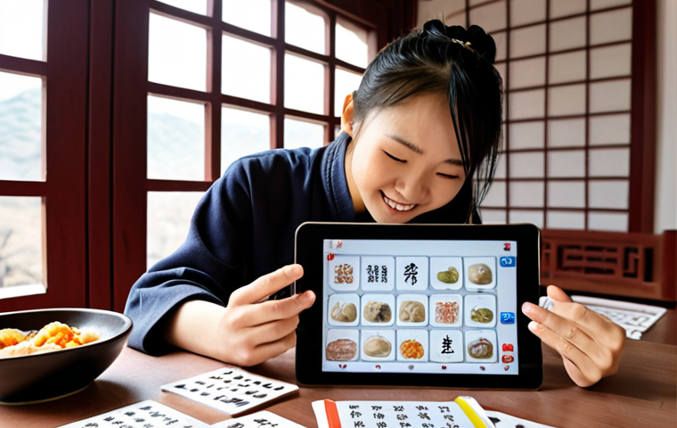 **
A student surrounded by flashcards (both physical and digital on a tablet showing the Anki app). The background includes elements of Chinese culture: a calligraphy scroll, a steaming bowl of dumplings, and a glimpse of the Great Wall through a window. The student has a focused but happy expression, and is using chopsticks to eat. Focus on the colorful flashcards and the blend of traditional and modern study methods.
**